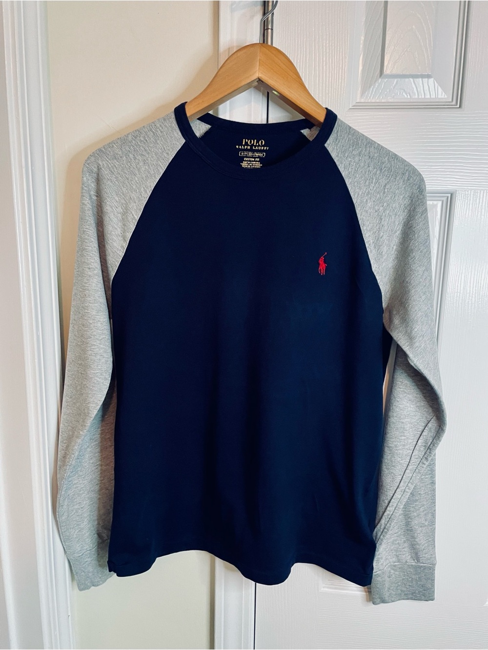 Polo by Ralph Lauren Navy Sweatshirt with Gray Raglan Sleeves and Red Pony